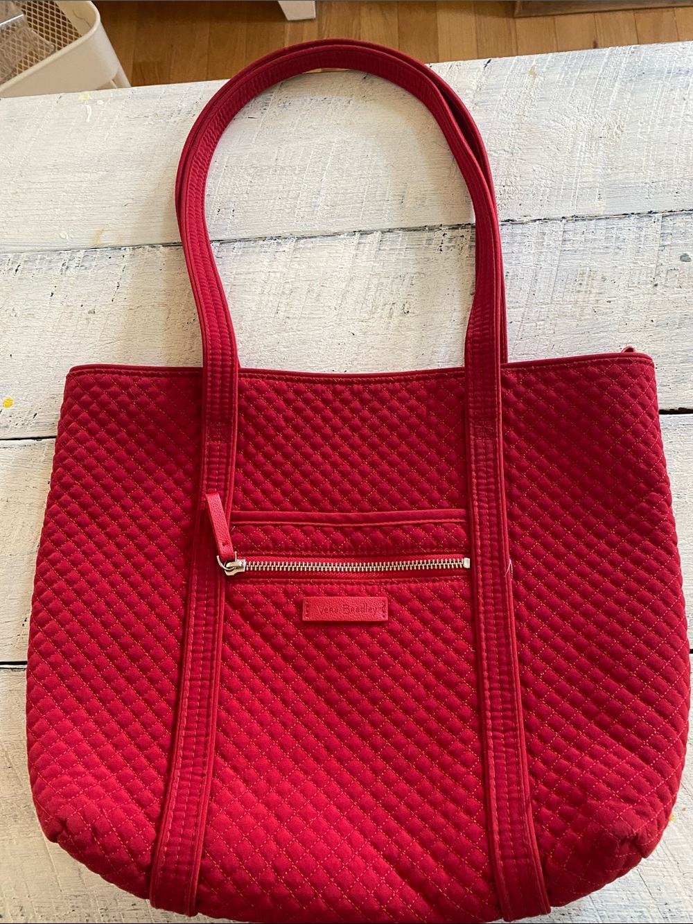 Vera Bradley Bright Red Quilted Tote with Front Zip Pocket